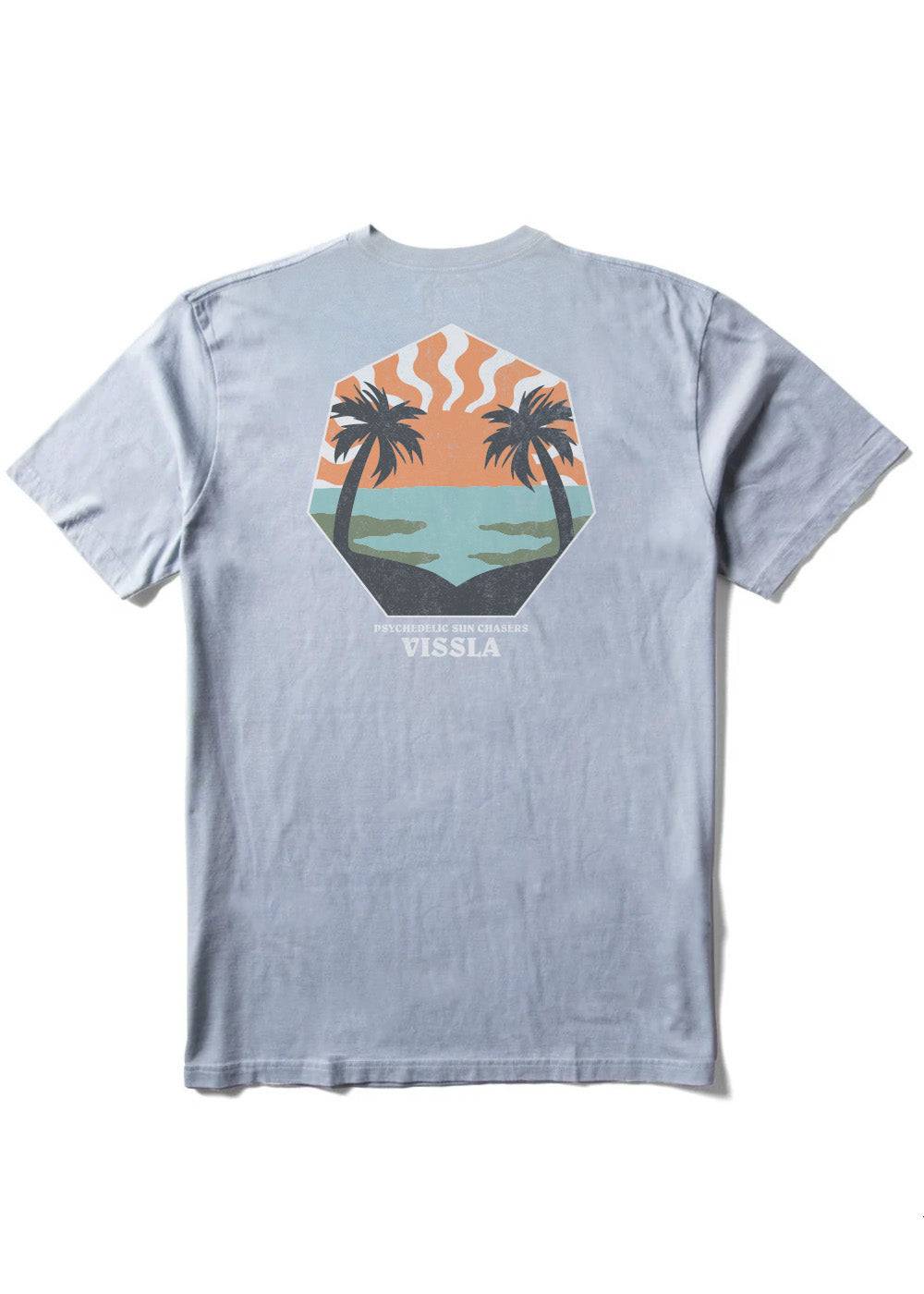 Vissla Psychedelic Palms Tee in Rifle green with palm tree graphic on back.