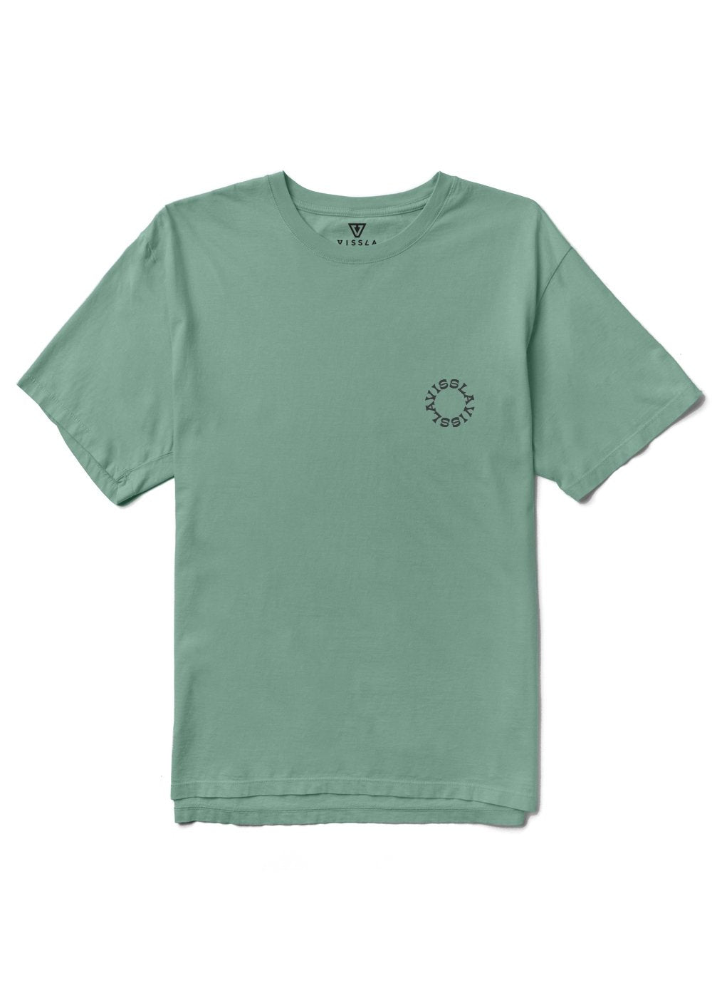 Vissla Solar Smiles Organic Tee in jade with minimalist front logo design.