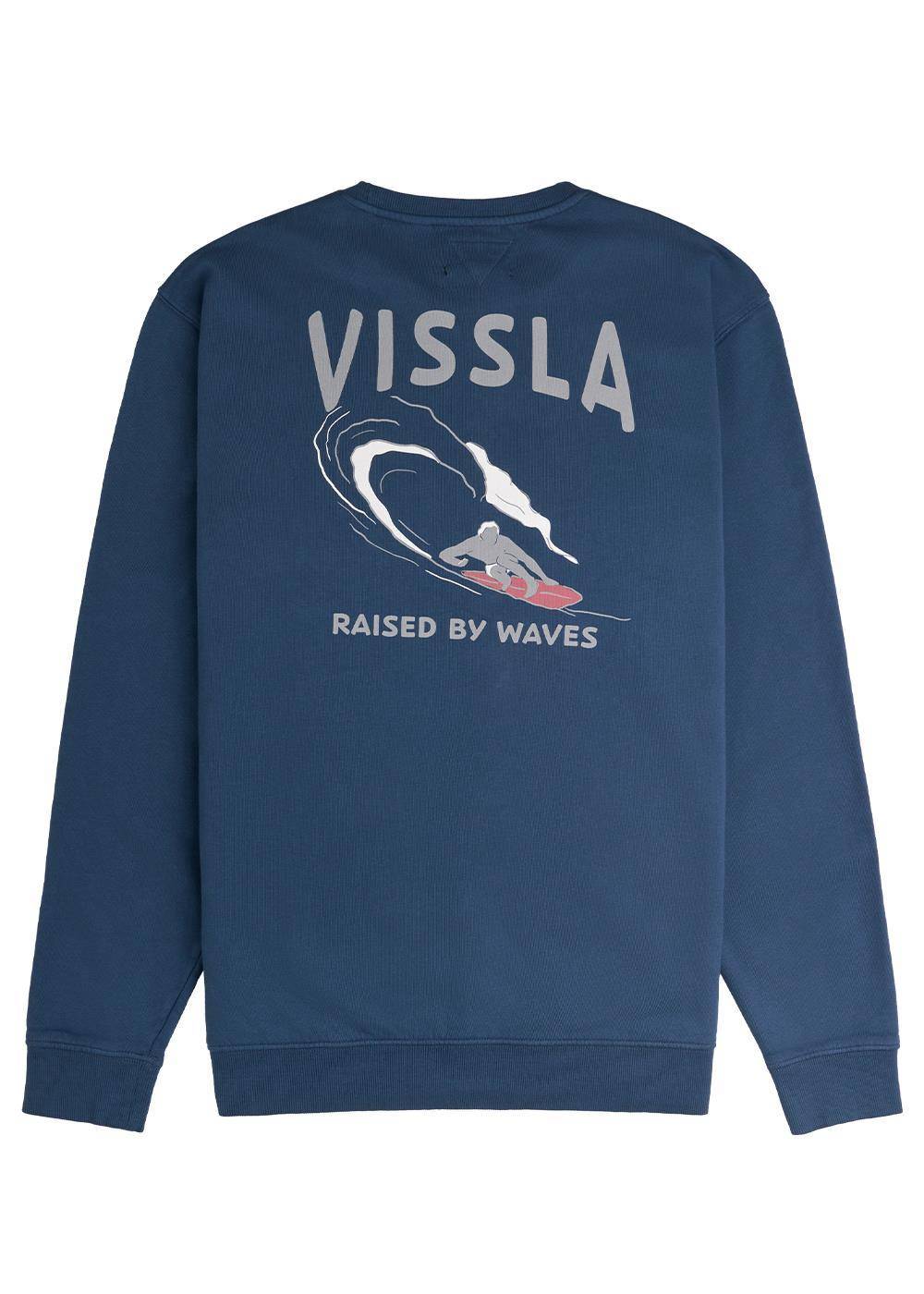 Vissla Raised By Waves Crew Fleece in smokey jade, back design with surf graphic.
