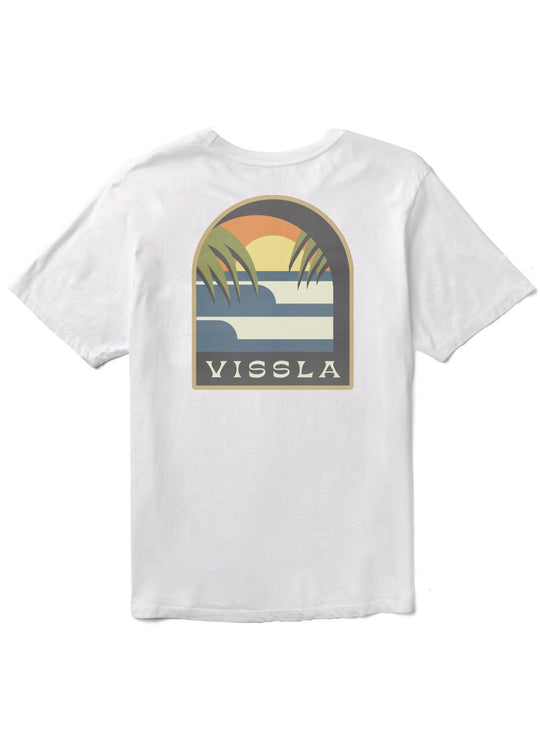 Vissla Out The Window PKT Tee in navy with sunset graphic on back.