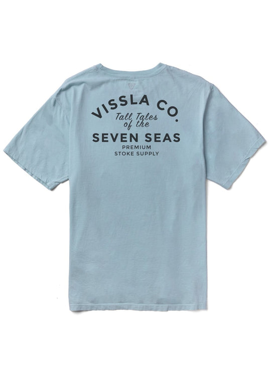 Vissla Premium Stoke PKT Tee in chambray with back graphic design.