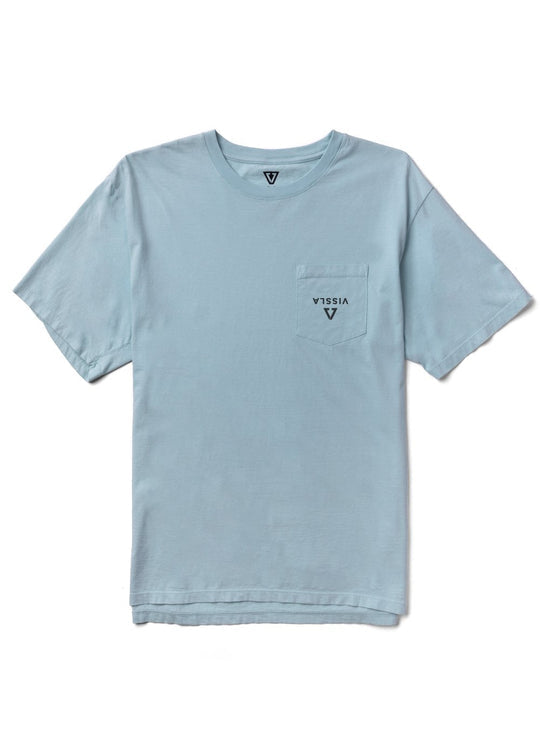 Vissla Premium Stoke PKT Tee in chambray with front pocket logo.