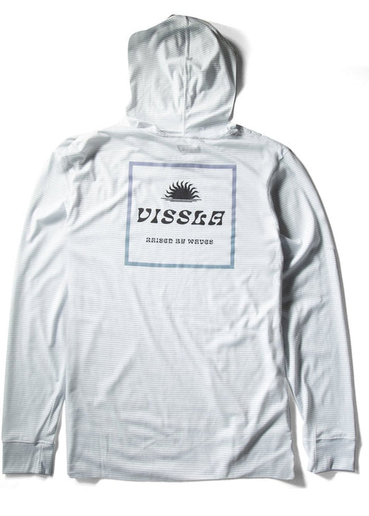 Back view of Vissla The Box Comp Lite Eco LS Hooded Performance Tee in white.
