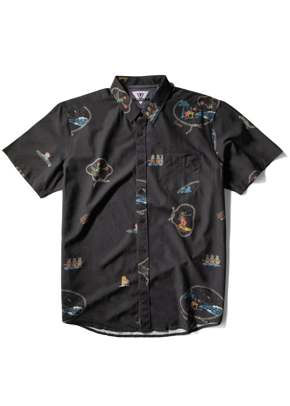 Vissla Soren Wavy West Eco short sleeve shirt in tidal blue, front view.