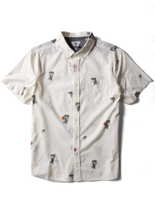Vissla Parrodise Eco Shirt in Dune color, front view with tropical print.