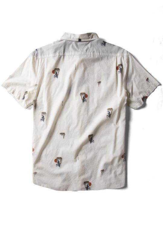 Vissla Parrodise Eco Shirt in Dune color, back view with tropical print.