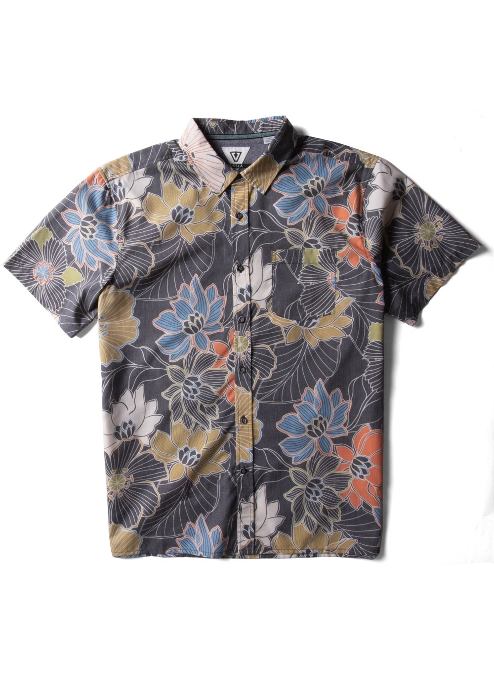 Vissla Chuns Eco SS Shirt in mauve with floral print, front view.