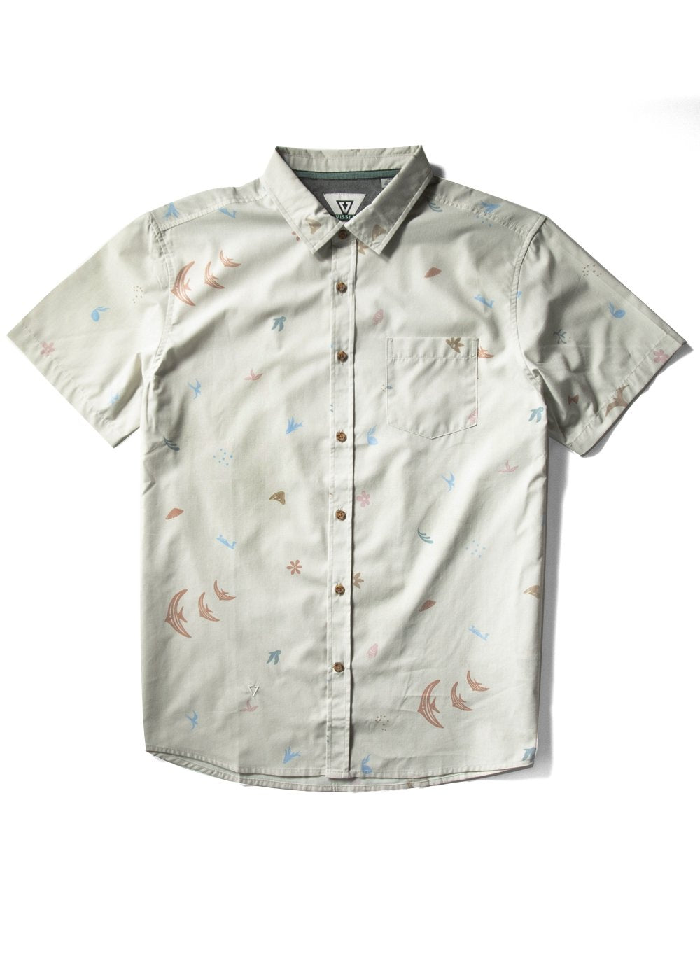 Back view of Vissla Miyashiro Island Stargazer Eco short sleeve shirt with subtle nature-inspired patterns.