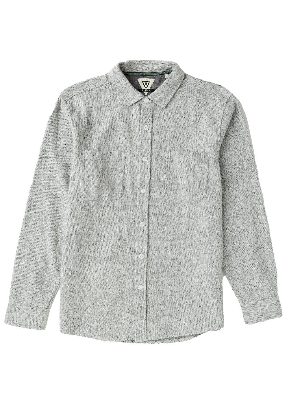 Vissla Shaper Eco LS Flannel shirt in shark gray with long sleeves and chest pockets.
