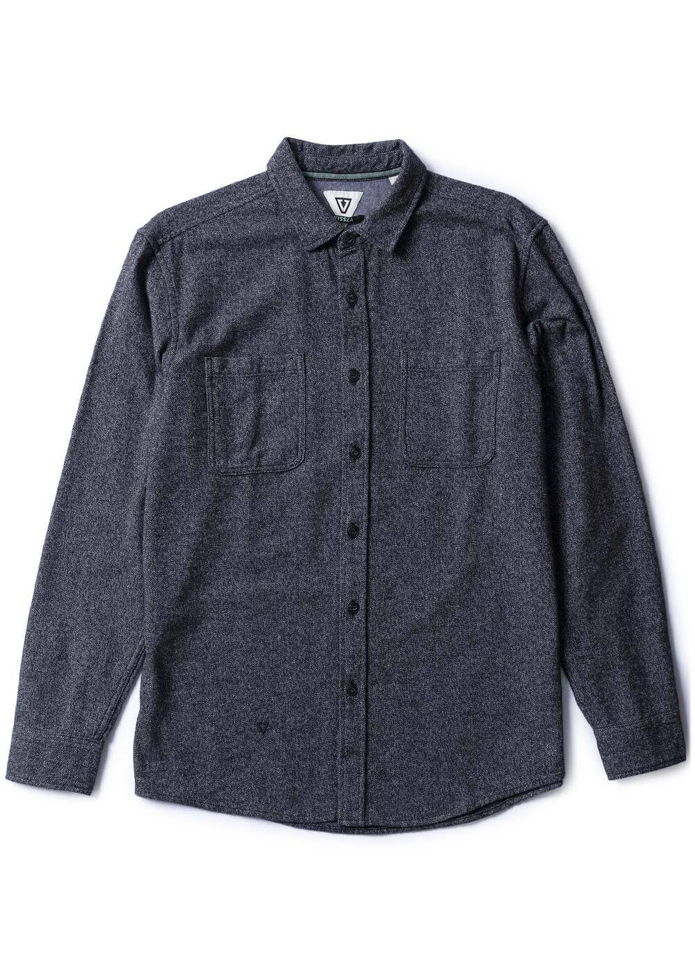 Vissla Shaper Eco LS Flannel shirt in shark gray with long sleeves and chest pockets.