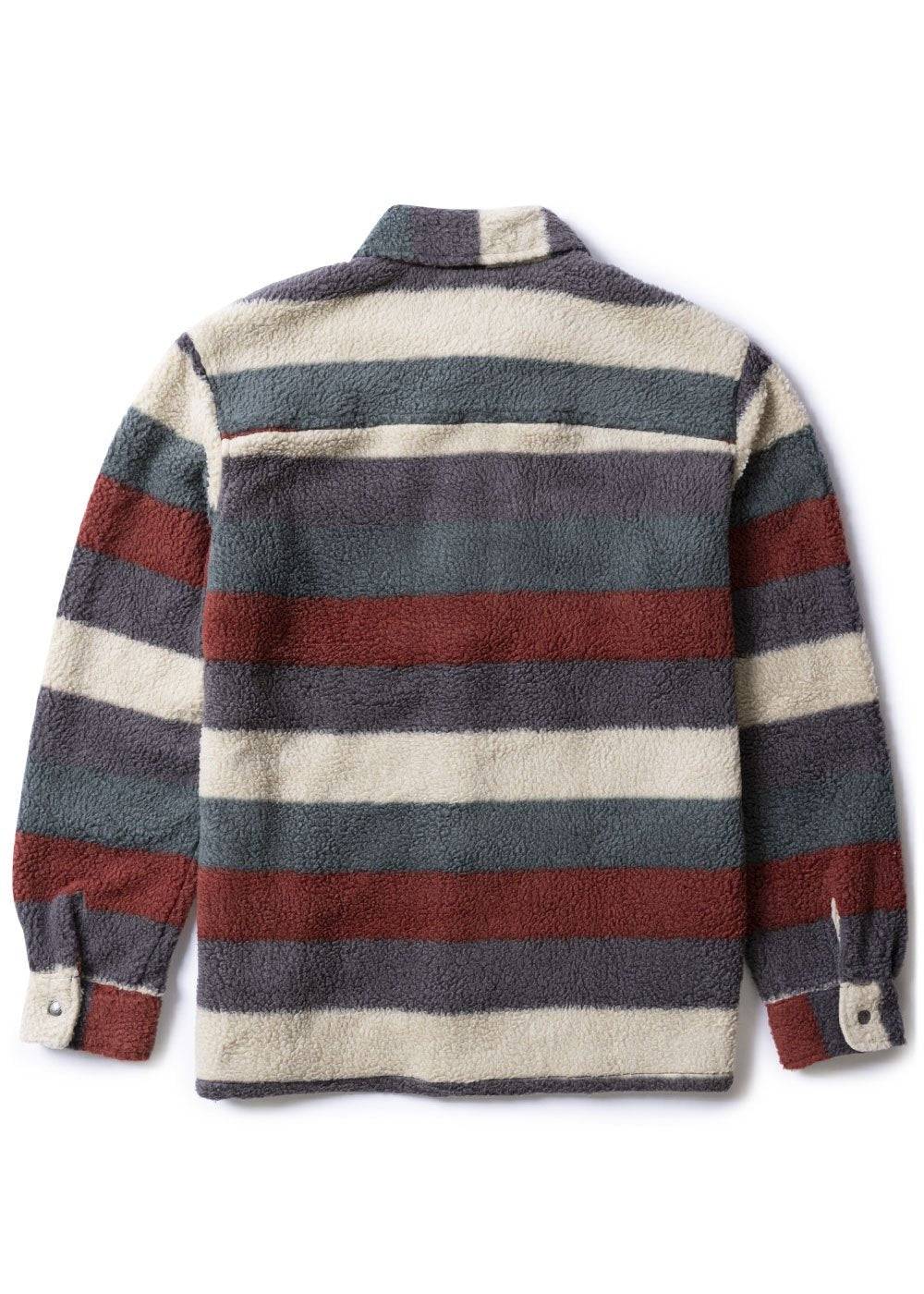 Vissla Peaks Sherpa Woven Shirt in Fired Brick with striped design, back view.