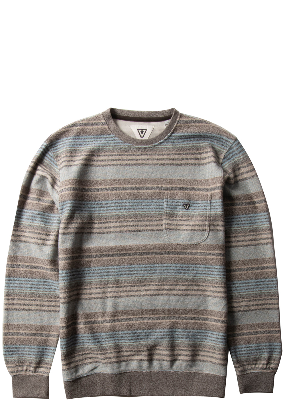 Vissla Beacons Pkt Crew sweatshirt in java with striped design and chest pocket.