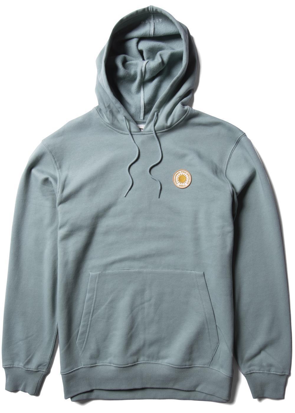 Vissla Solid Sets Eco PO Hoodie in stone blue with front pocket and logo.