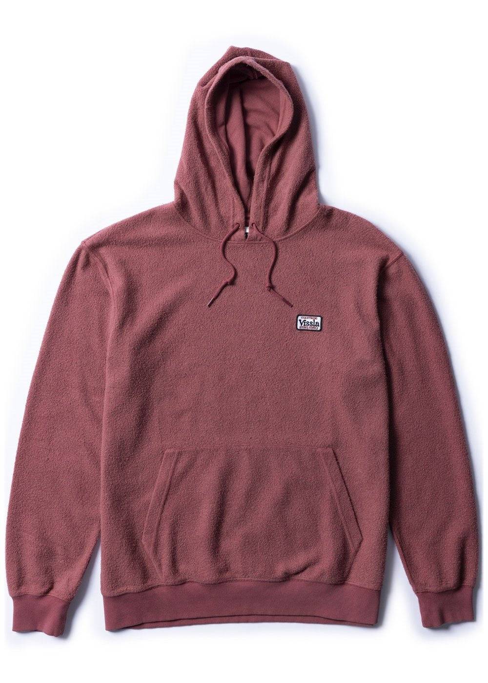 Vissla Solid Sets Eco PO Hoodie in stone blue with front pocket and logo.