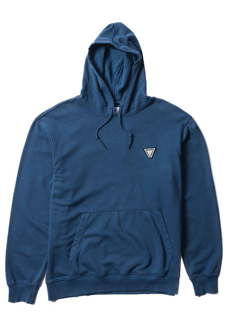 Vissla Solid Sets Eco PO Hoodie in stone blue with front pocket and logo.