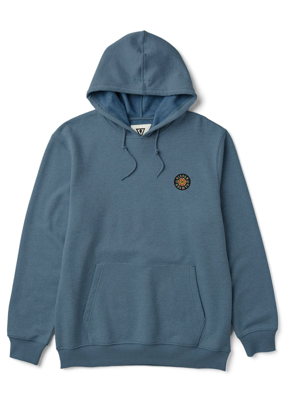 Vissla Solid Sets Eco PO Hoodie in stone blue with front pocket and logo.