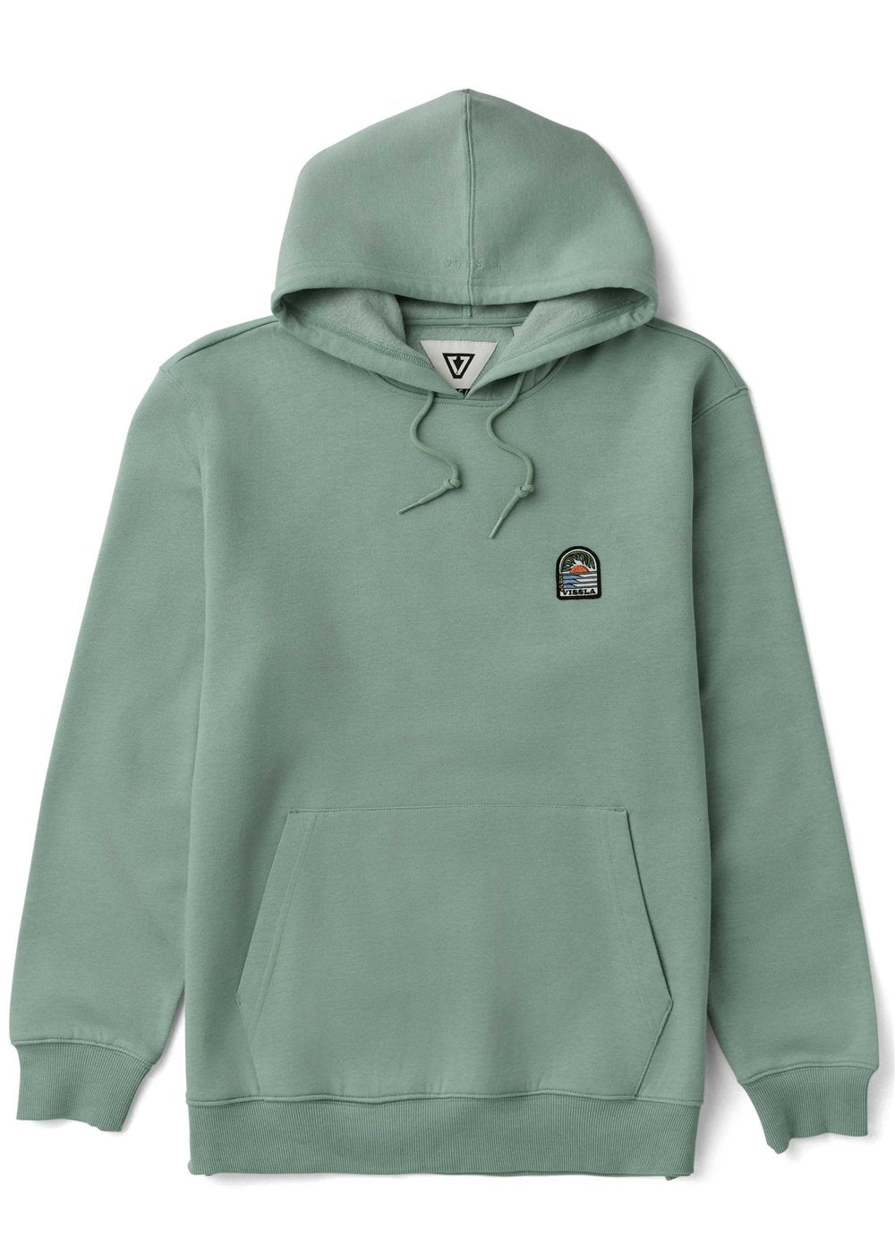 Vissla Solid Sets Eco PO Hoodie in stone blue with front pocket and logo.