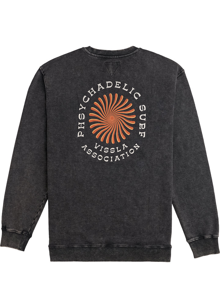 Back view of Vissla Psycho Surf Crew Fleece in Phantom with bold graphic design.