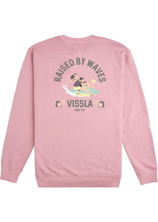 Vissla Offshore Pleasure Crew Fleece in bright sulfur with surf graphic on back.