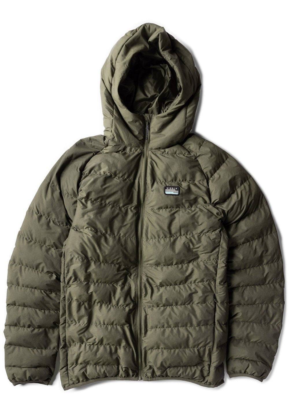 Vissla Pacific Packable Eco Puff Jacket in brown, front view with hood.