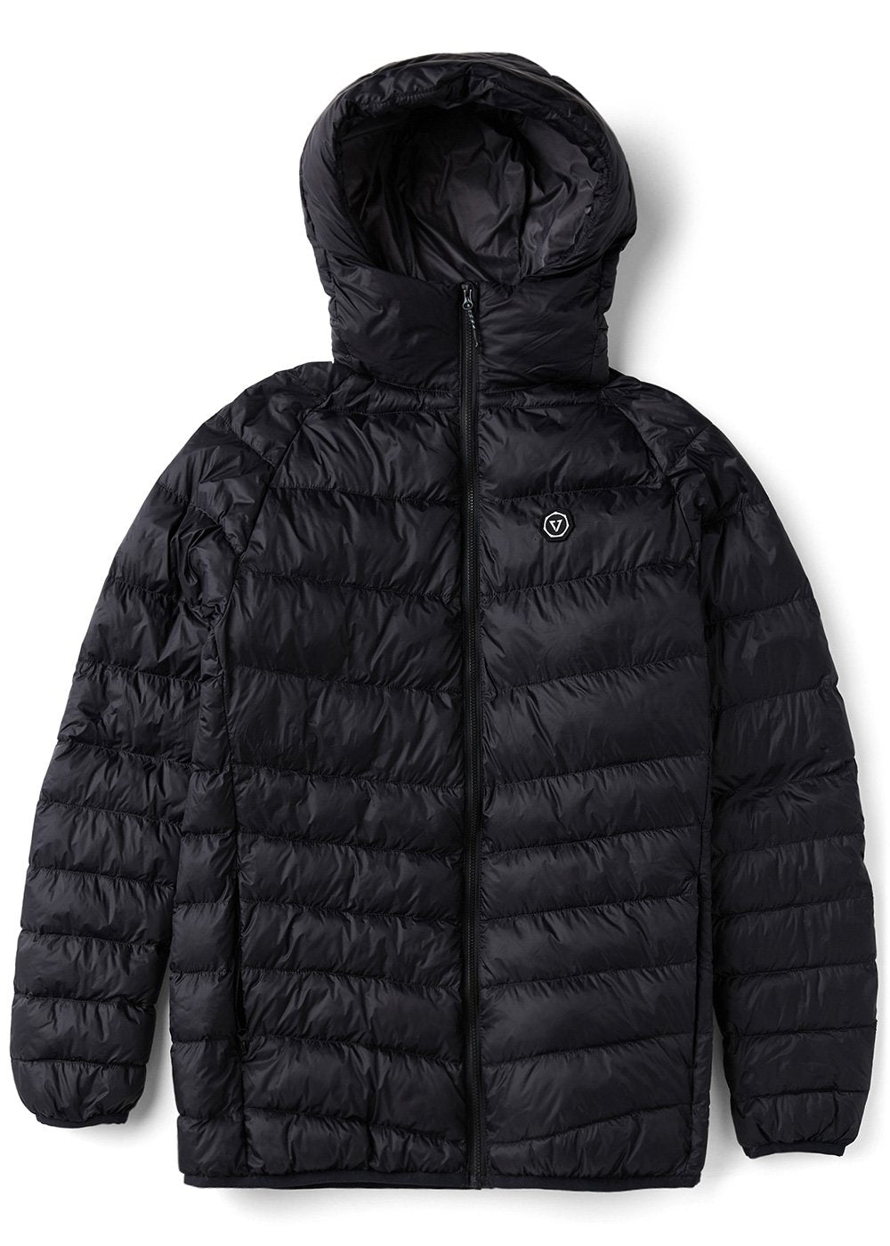 Vissla Pacific Packable Eco Puff Jacket in brown, front view with hood.
