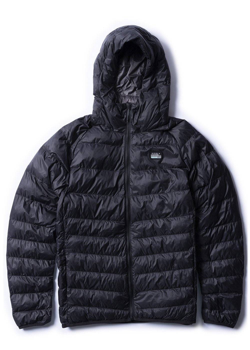 Vissla Pacific Packable Eco Puff Jacket in brown, front view with hood.
