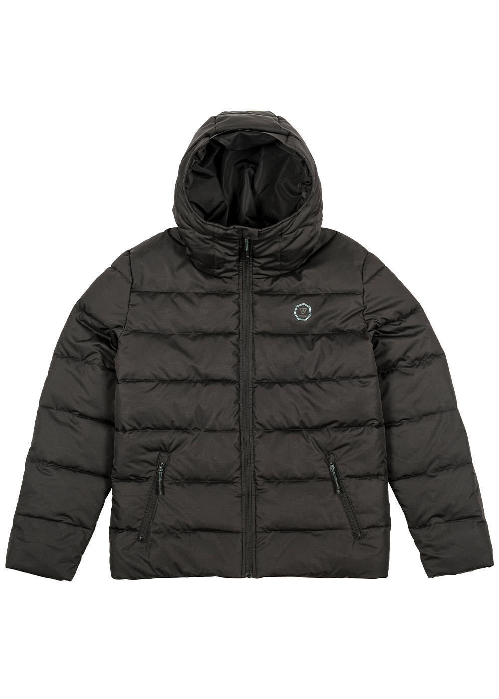 Vissla North Seas Puffer Jacket in gray with black accents, front view.