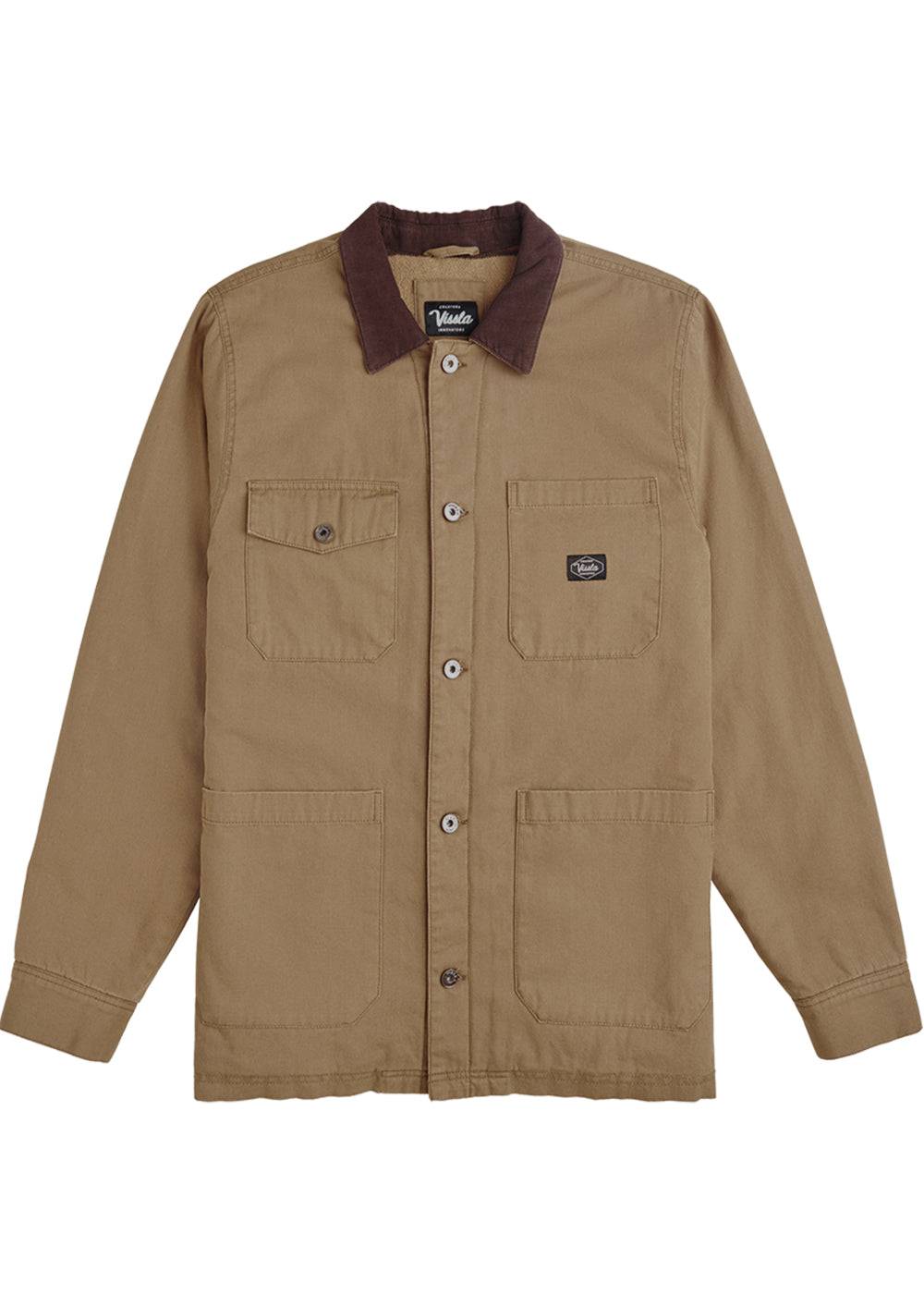 Vissla Peterson Jacket in blue wash with tan collar, front view.
