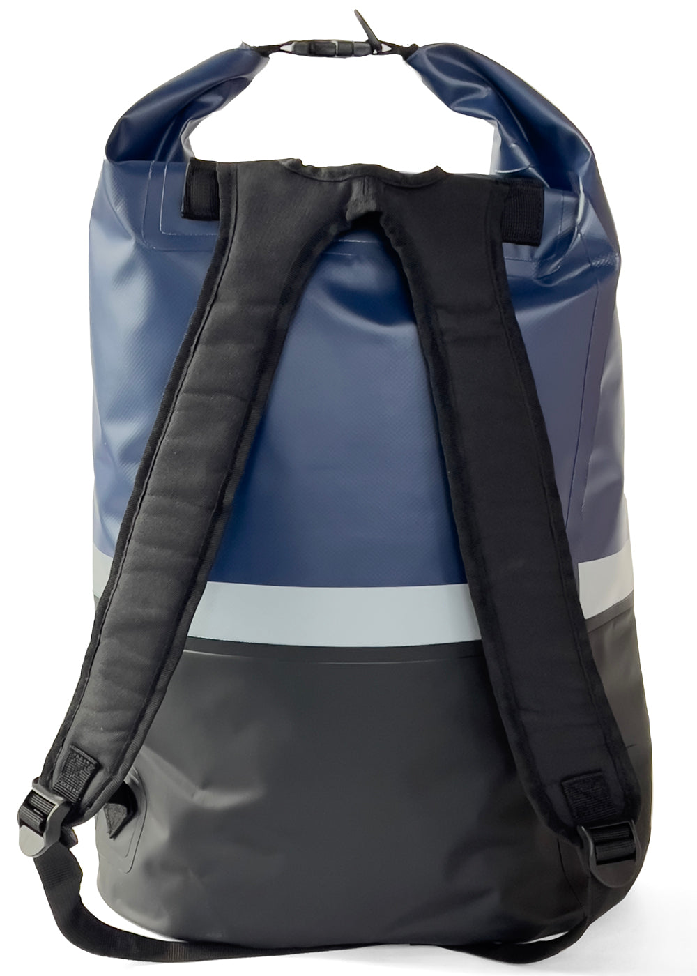 Vissla 7 Seas 35l Dry Backpack in Midnight color, back view with straps.