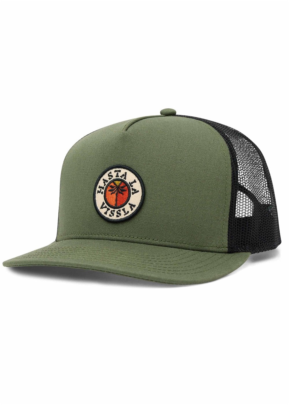 Vissla Solid Sets Eco Trucker Hat in black with mesh back and logo patch.