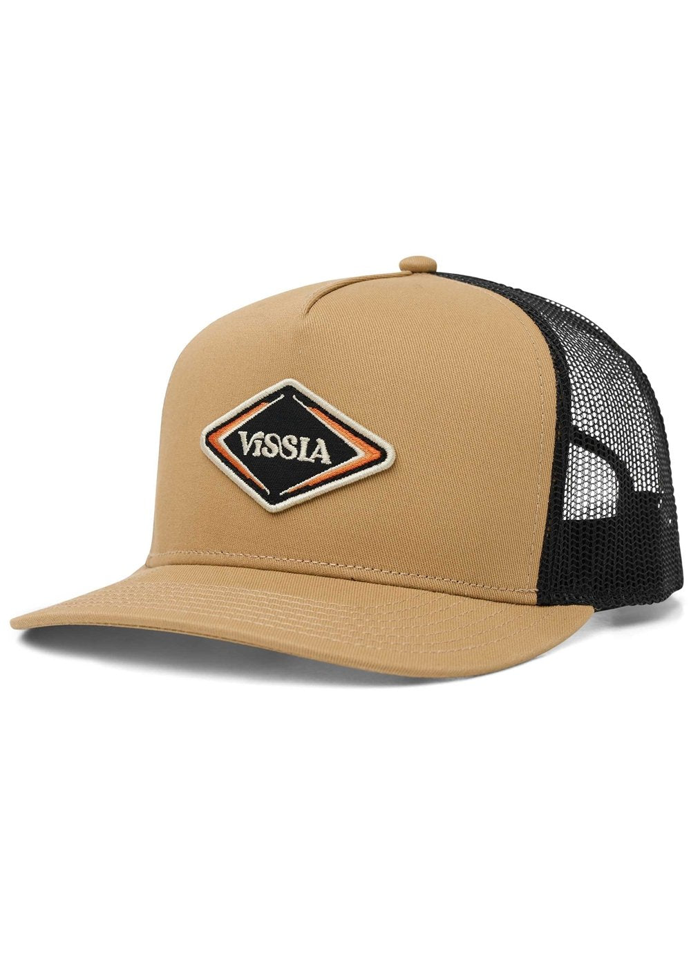 Vissla Solid Sets Eco Trucker Hat in black with mesh back and logo patch.