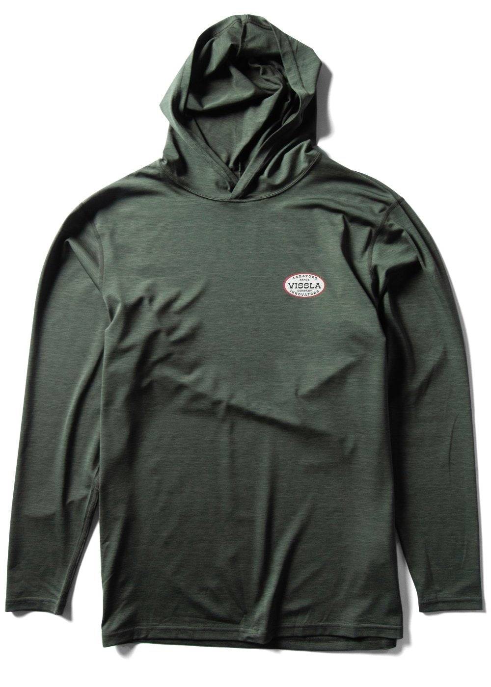Vissla Twisted Eco Hooded Long Sleeve Lycra in green with logo detail.