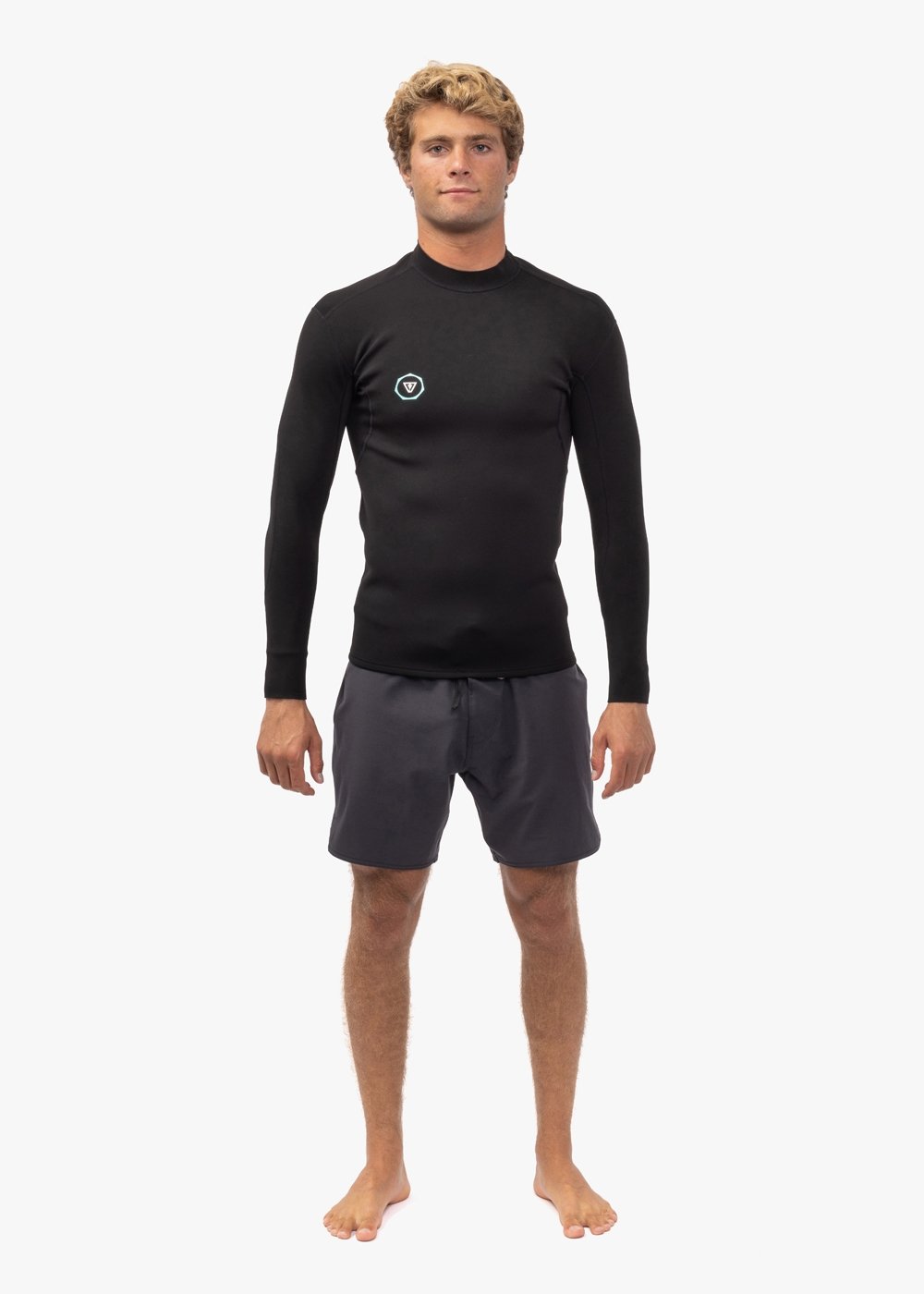 Vissla Solid Sets 2mm front zip wetsuit jacket in brown, full front view.