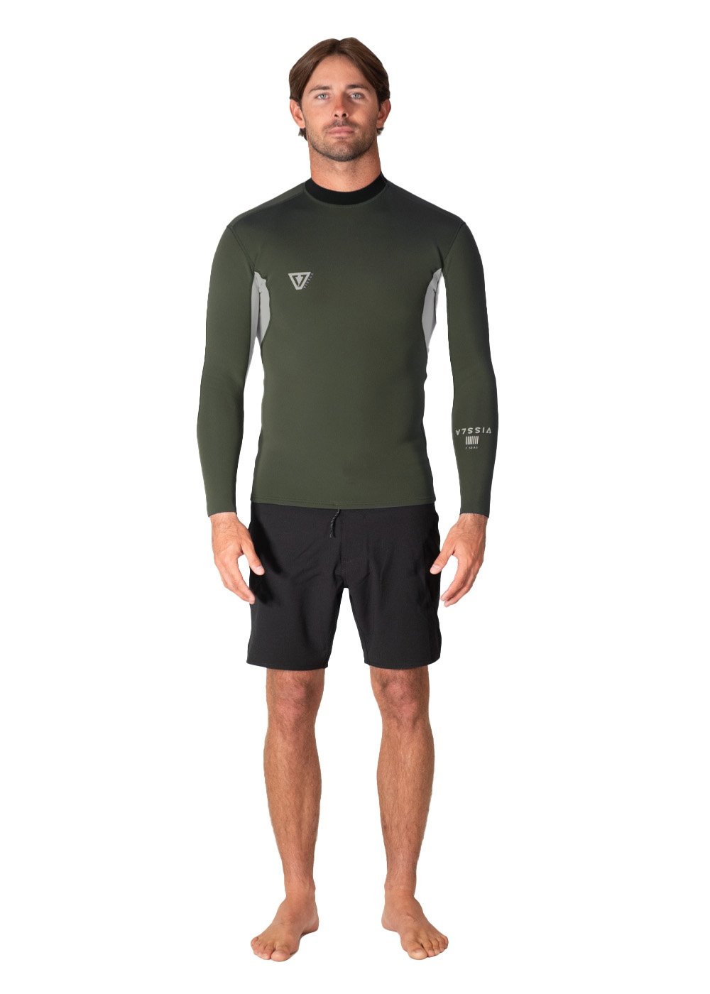 Vissla Natural Seas 1mm LS Jacket in black with long sleeves, front view.