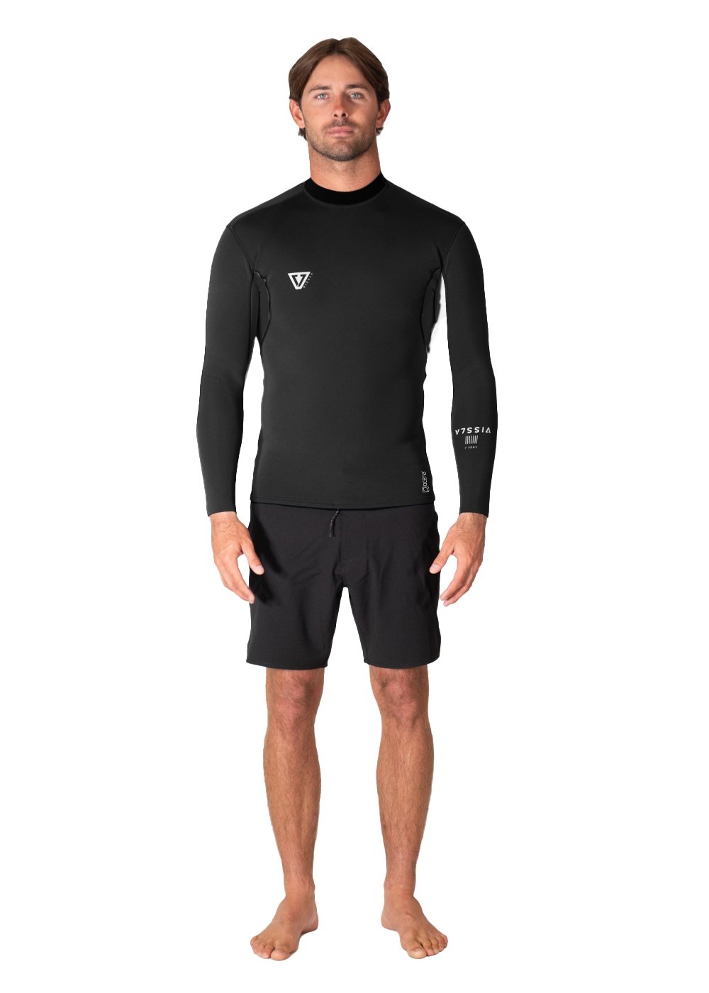 Vissla Natural Seas 1mm LS Jacket in black with long sleeves, front view.