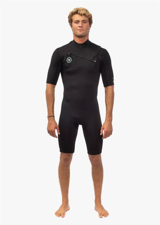 Front view of Vissla 7 Seas 2-2 Spring Wetsuit in black with chest zip.