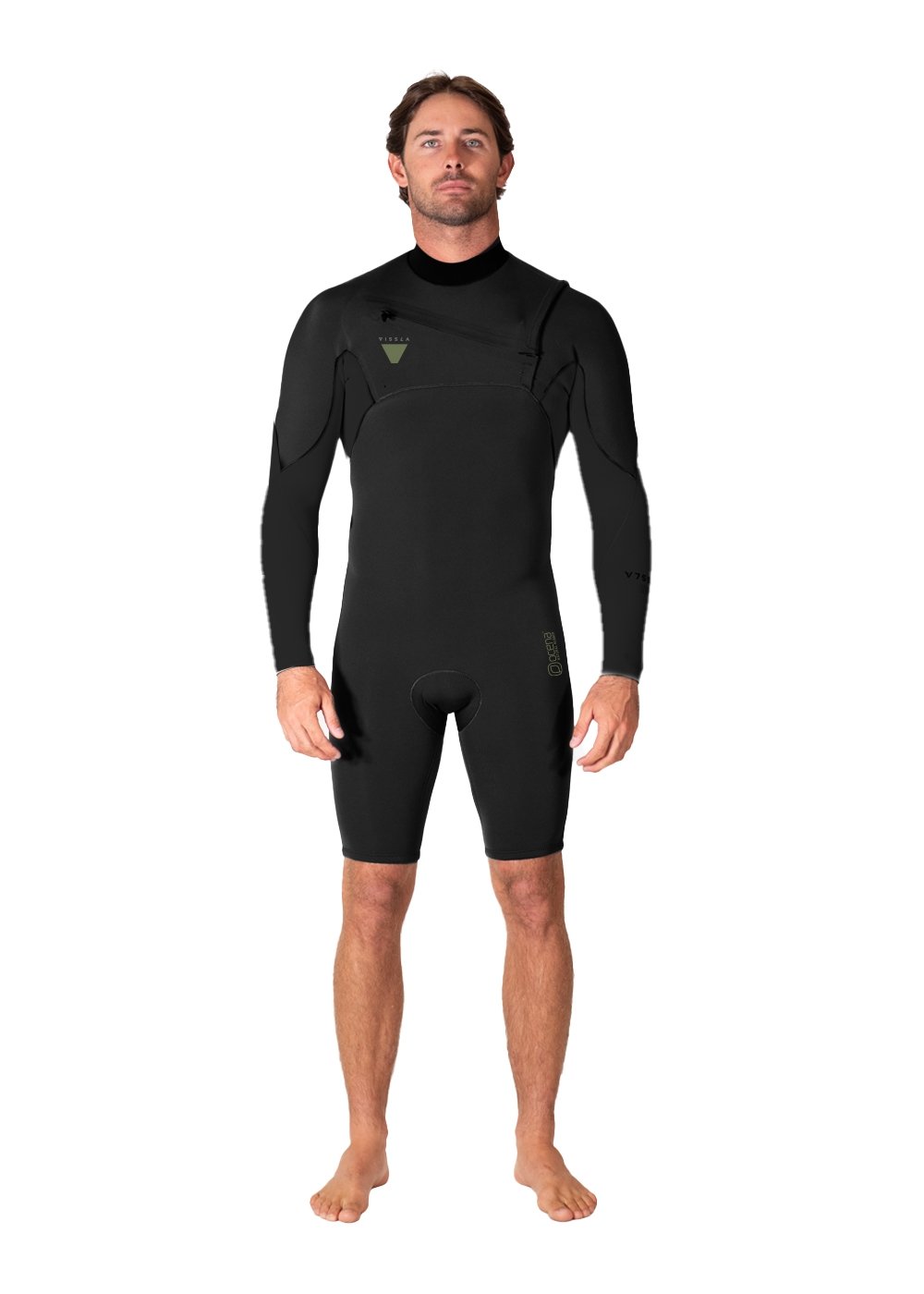 Vissla Natural Seas 2-2 LS Spring wetsuit, front and back view, black and olive design.