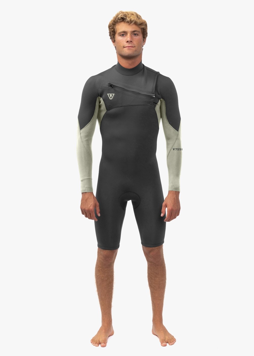 Vissla Natural Seas 2-2 LS Spring wetsuit, front and back view, black and olive design.