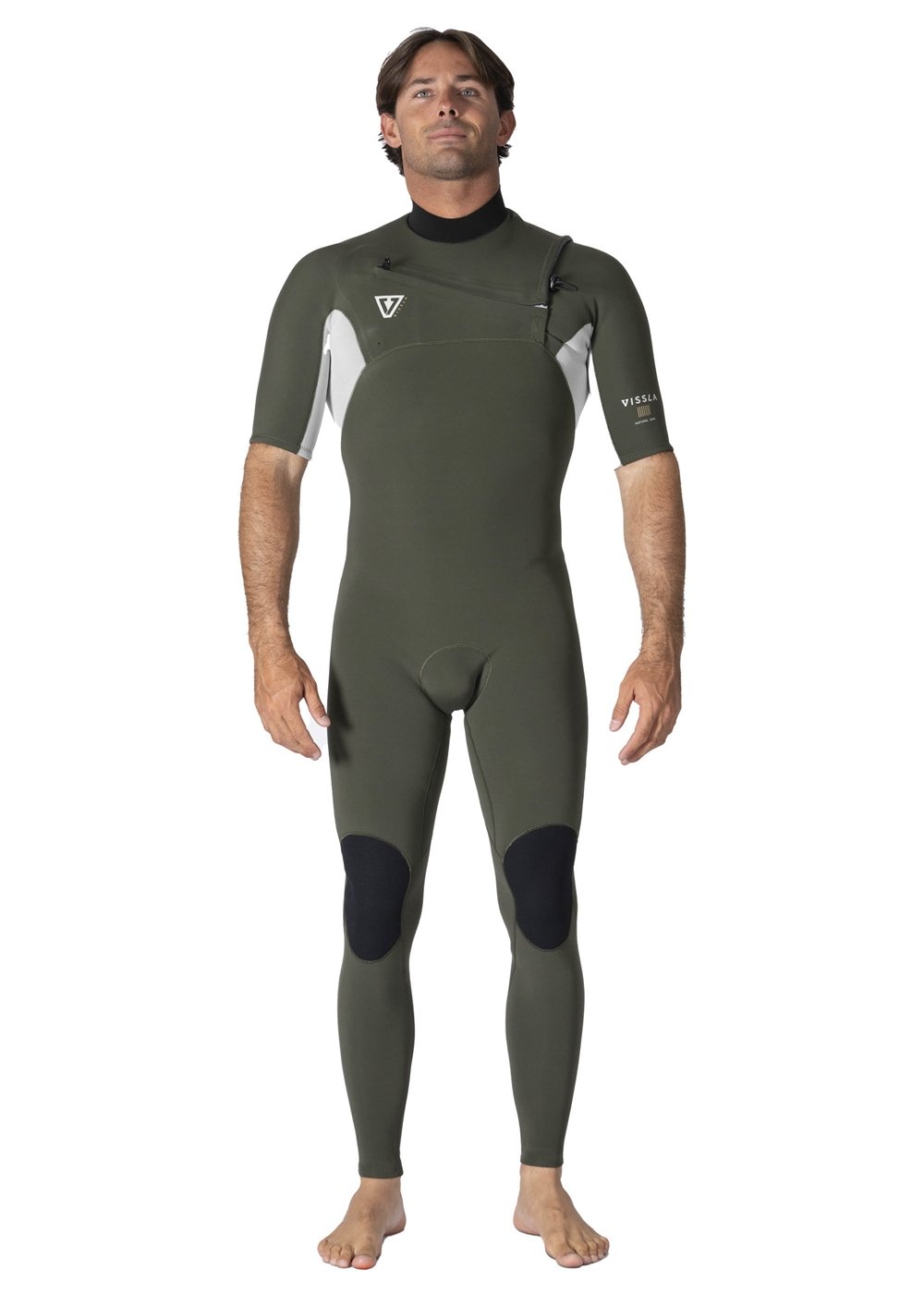 Vissla Natural Seas 2-2 Ss Full Suit front view, short-sleeve wetsuit in dark gray.