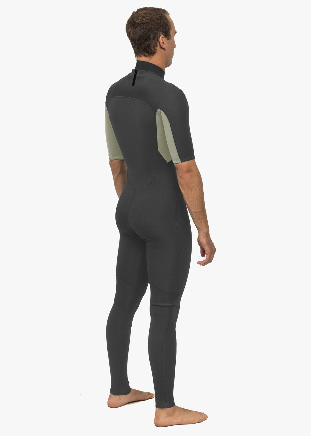 Vissla Natural Seas 2-2 Ss Full Suit back view, dark gray wetsuit with green panels.