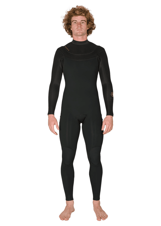 Vissla New Seas 5-4 U-Zip Wetsuit in black, front view.
