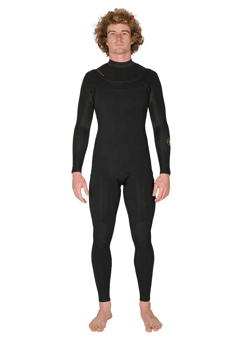 Vissla New Seas 5-4 U-Zip Wetsuit in black, front view.