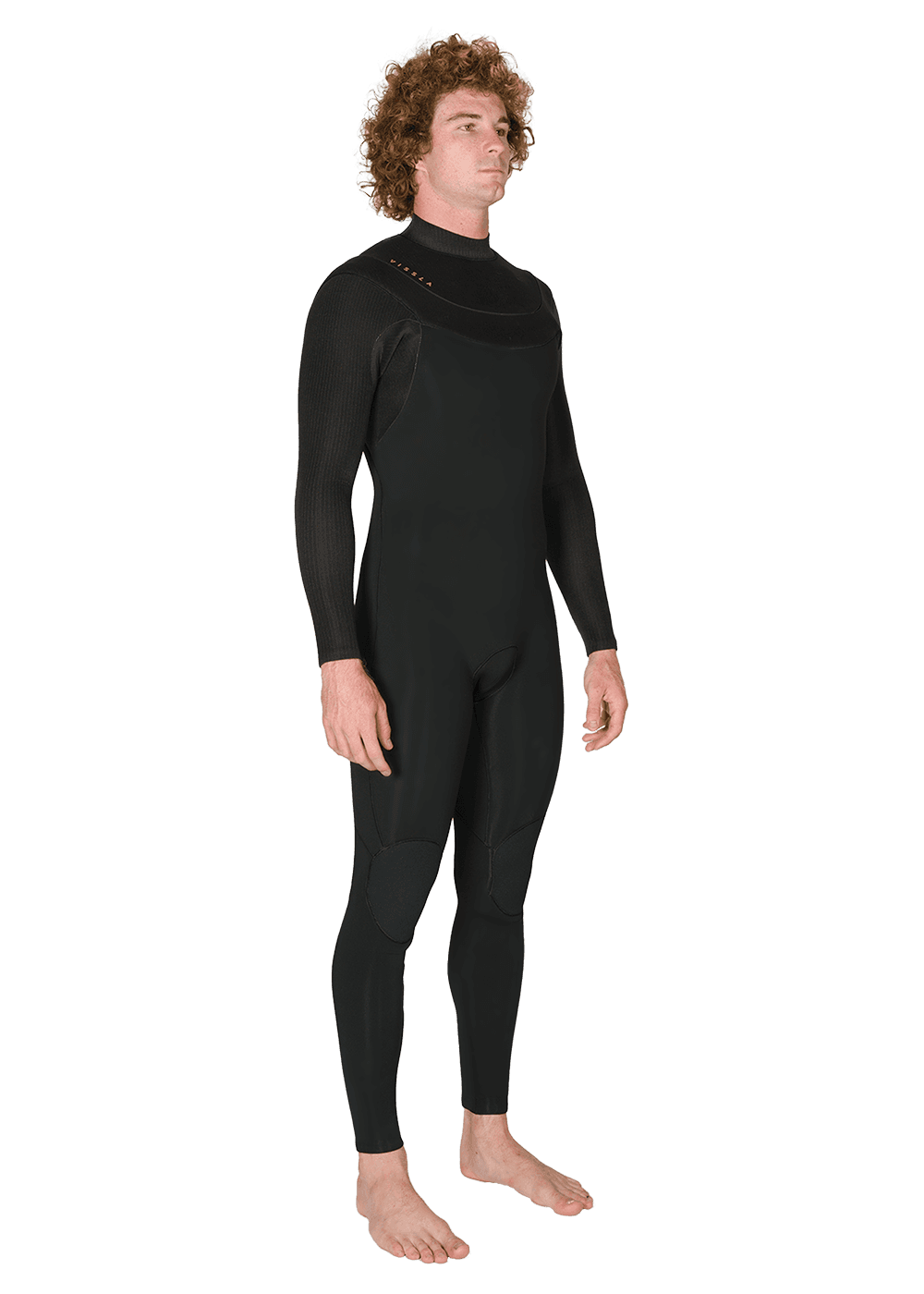 Vissla New Seas 5-4 U-Zip Wetsuit in black, side angle view.