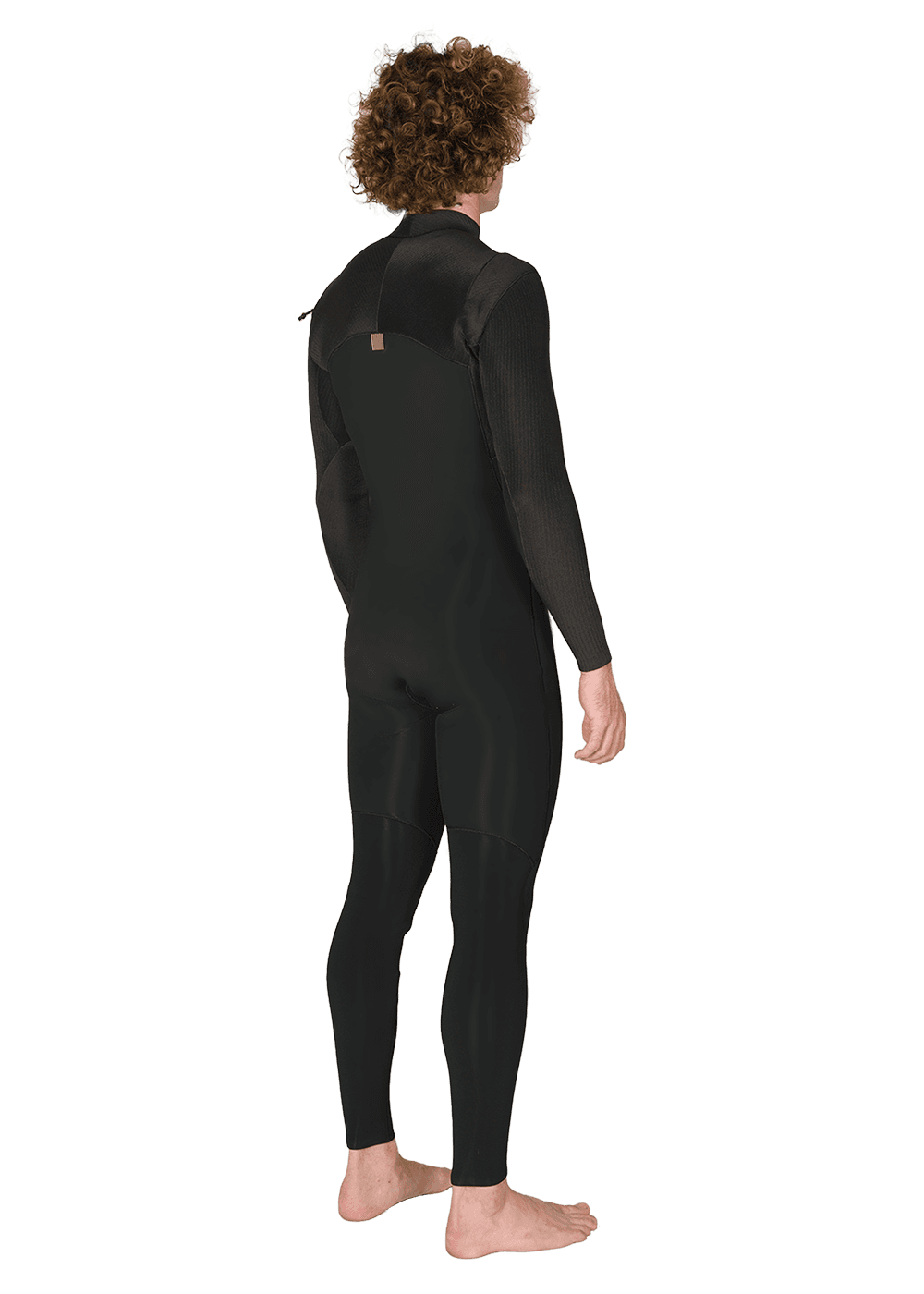 Vissla New Seas 5-4 U-Zip Wetsuit in black, back angle view.