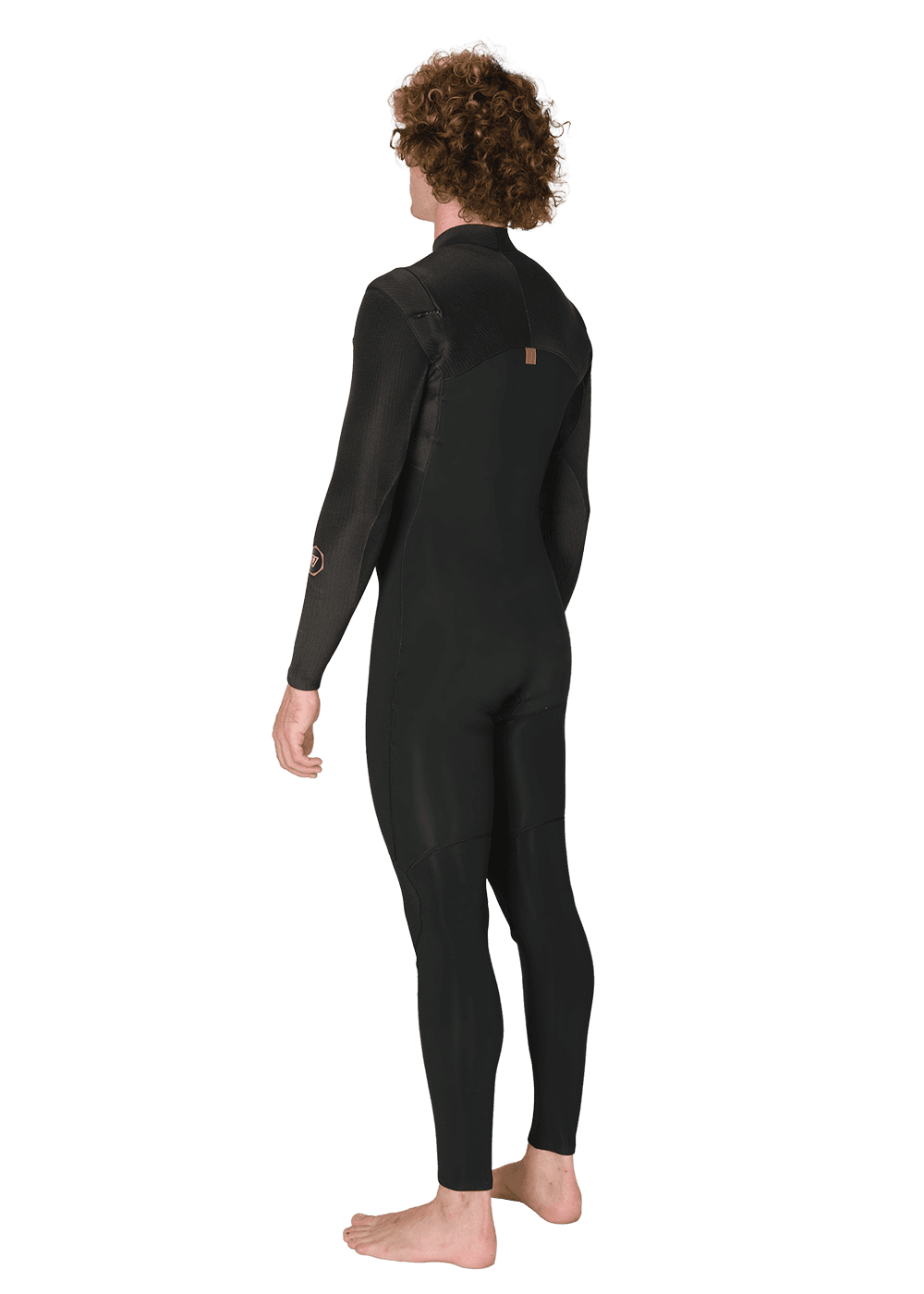 Vissla New Seas 5-4 U-Zip Wetsuit in black, side-back angle view.