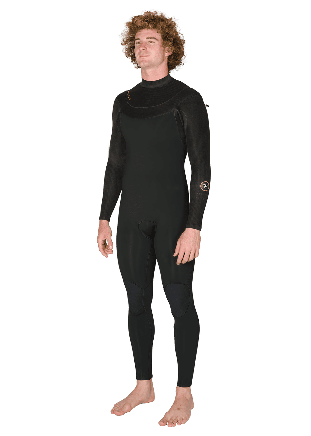 Vissla New Seas 5-4 U-Zip Wetsuit in black, front-side angle view.