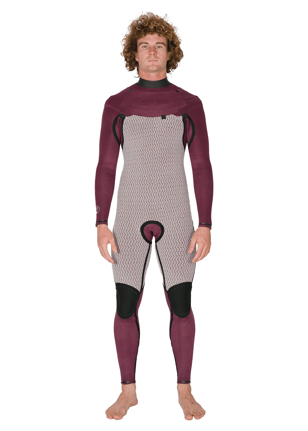 Vissla New Seas 5-4 U-Zip Wetsuit in maroon interior, front view.
