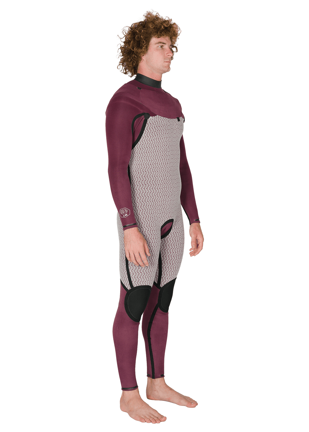 Vissla New Seas 5-4 U-Zip Wetsuit in maroon interior, side angle view.