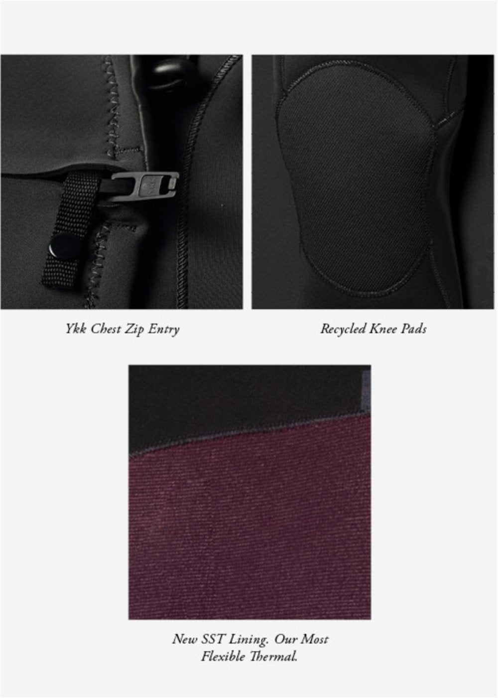 Close-up details of VIssla 7 Seas wetsuit: chest zip, knee pads, and thermal lining.