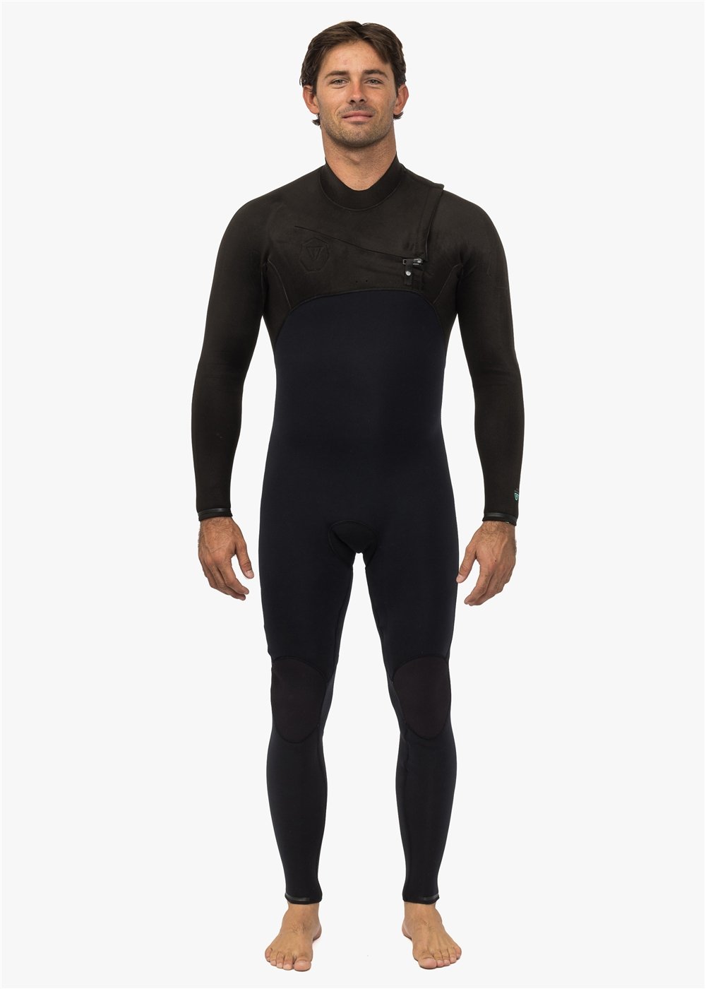 Vissla High Seas II 3-2 full chest zip wetsuit in charcoal, front view.